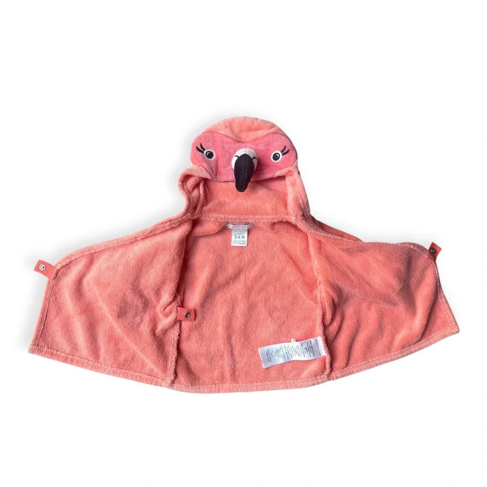 Pottery Barn Hooded Flamingo Baby Robe Coral Cotton Terry 3-6 Months